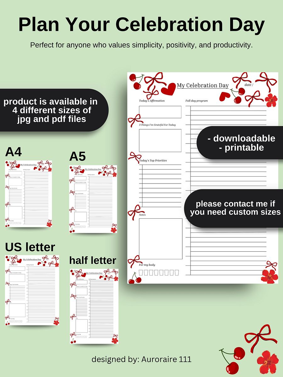 My Celebration Day - Printable Daily Planner | Digital Planner Page Download | Multiple Sizes Included product image (4)
