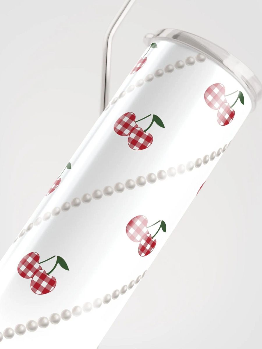 White Gingham Cherry Stainless Steel Tumbler With Pearl Accents product image (2)