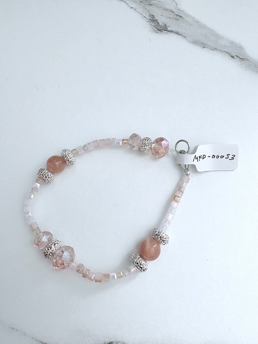 Blush Whisper | Faceted & Iridescent Bead stretch Bracelet with Lobster Clasp | Handmade 7.5" Coastal Charm | by Monique Faella Designs™ | MFD-00053 product image (6)