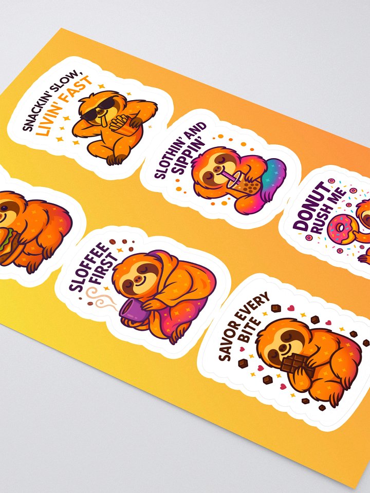 Sloths Having Snacks Sticker Sheet – Funny Sloth Food Stickers for Journals, Planners, Water Bottles & Gifts (6-Stickers) product image (2)