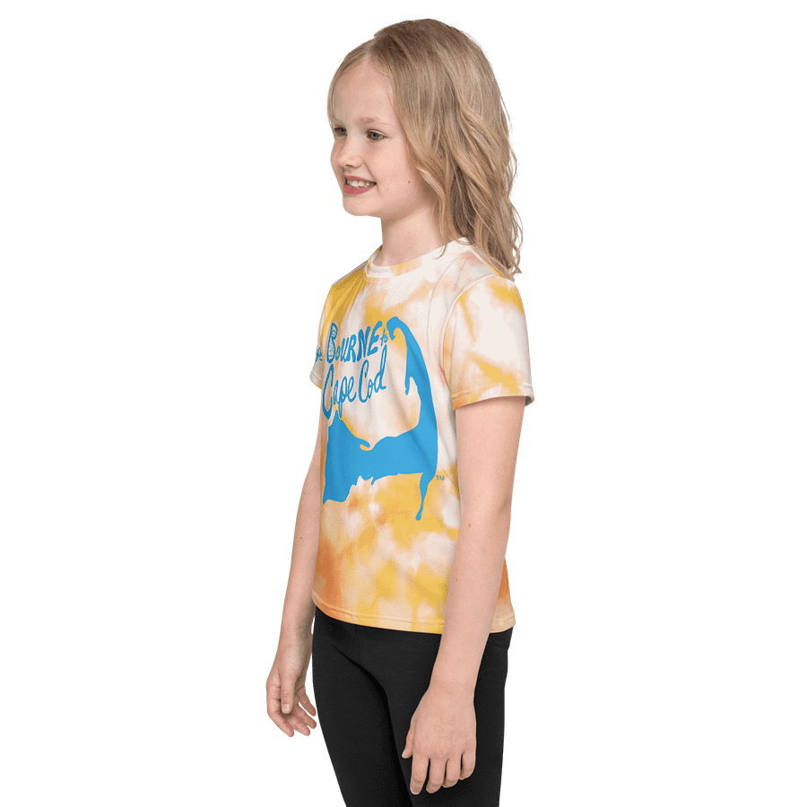 Girls' | Little Kids T-Shirt | BOURNE to Cape Cod™ | Front & Sleeve Logo | BRN.2C.C.™ Back Graphic | Vibrant Coastal Tee for Kids | Blue Logo on Orange Tie-Dye product image (3)