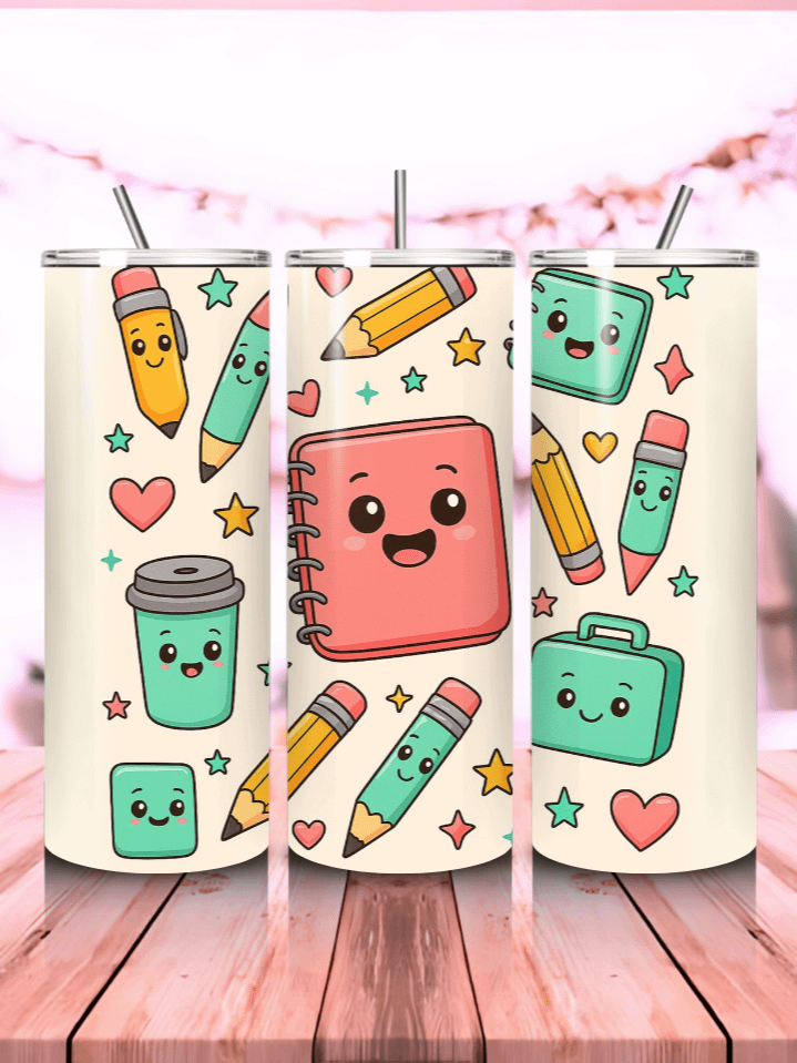 Kawaii Back to School Tumbler Wrap PNG – 20oz Skinny Sublimation Design with Cute Pastel Stationery & Smiling Supplies – 300 DPI Instant Digital Download product image (1)