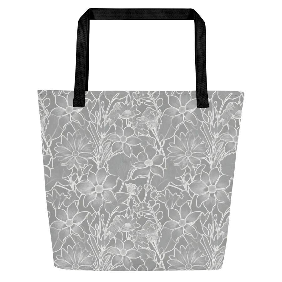 Line art Gray and White Floral/All-Over Print Large Tote Bag w/ Pocket by Sublicolor product image (1)