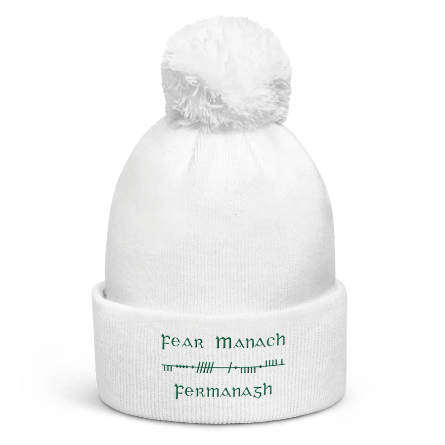 Fermanagh/Fear Manach Scholastic Style Ogham, white with green, embroidered Pom-Pom Beanie product image (1)