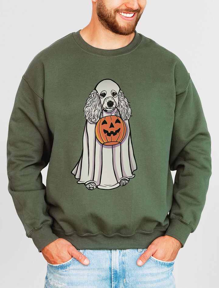 Funny Halloween Poodle(White) Sweatshirt | Funny Papillon Wearing a Ghost Costume and Holding a Pumpkin Basket product image (15)