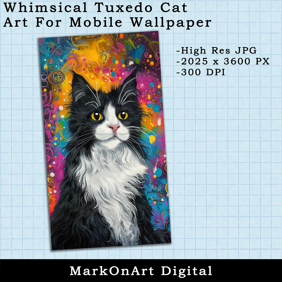 Whimsical Tuxedo Cat Art For Mobile Phone Wallpaper or Lock Screen | High Res for iPhone or Android Cellphones product image (2)