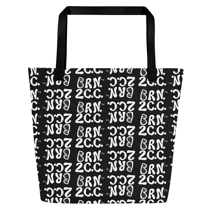 BRN.2C.C.™ | Large Tote Bag with Pocket | Coastal Classic | All-Over Logo Print | White Logo Repeat on Black product image (1)