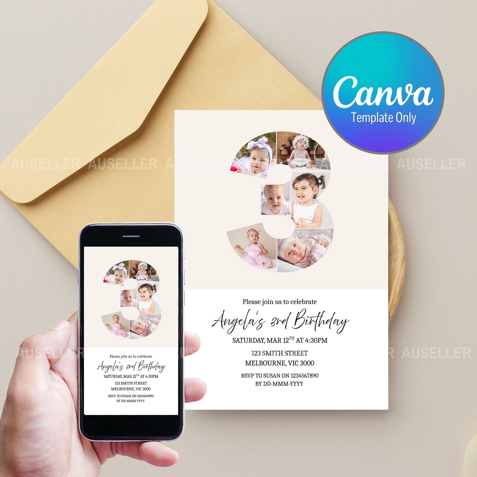 3rd Birthday Photo Collage Editable Invitation Template product image (1)