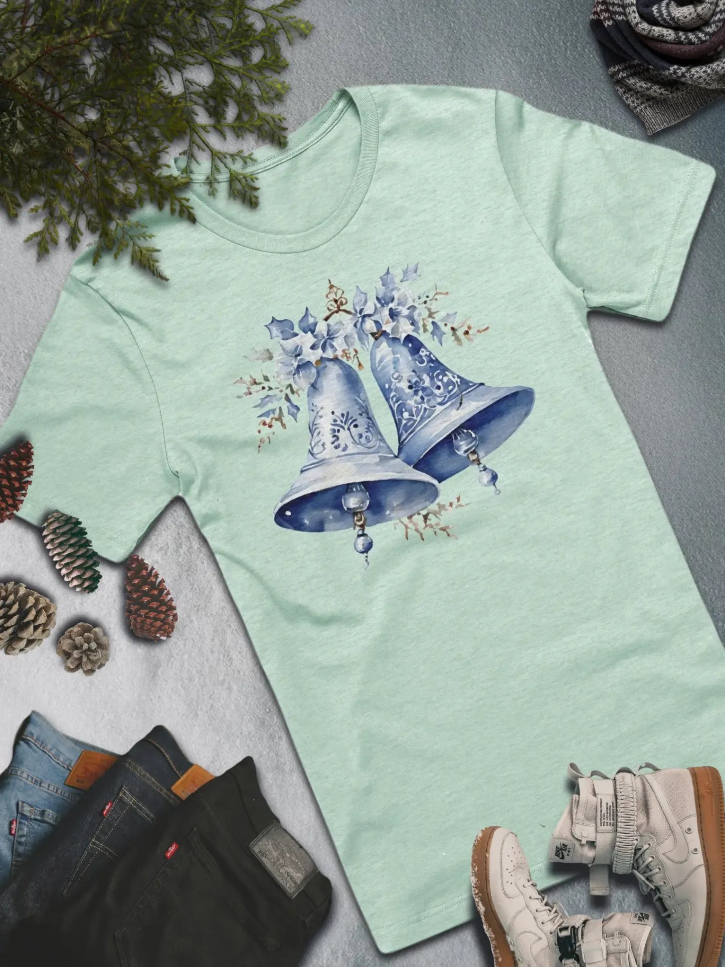 Blue Holiday Bells T-Shirt – Elegant Festive Style product image (1)