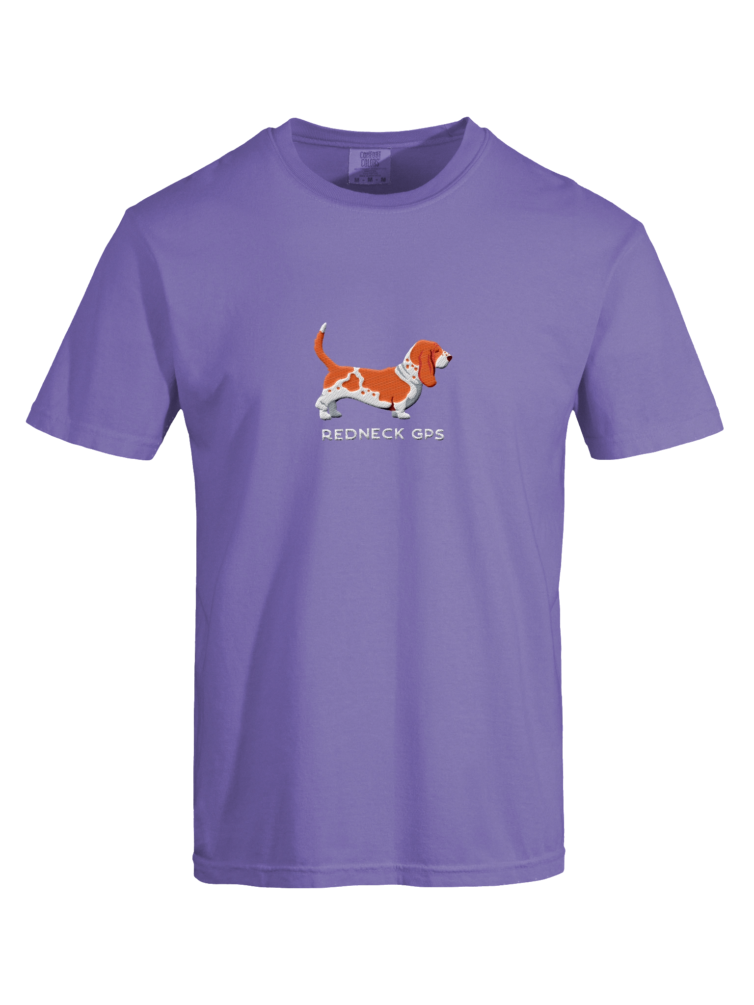 Redneck GPS T-Shirt(Embroidered) of a Basset Hound(Red & White) product image (57)