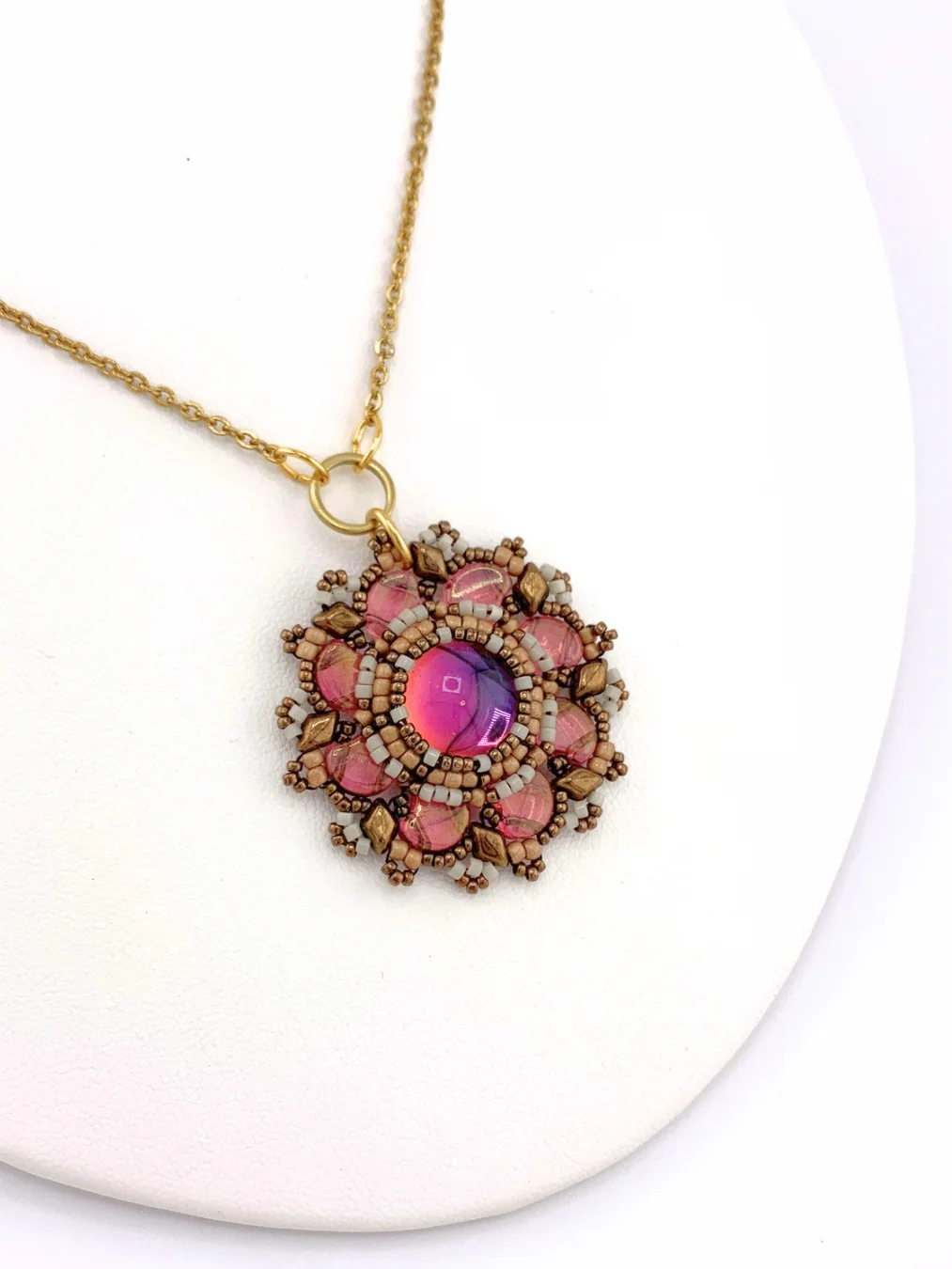 Bronze, pink, gold “cherry on top” Beaded Glass Pendant product image (1)