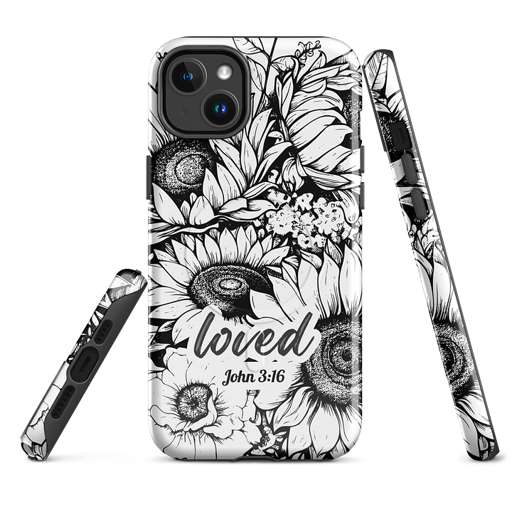 Loved John 3:16, Inspirational Gift, Tough iPhone Magnetic Case Scripture, Sunflower Bible Verse, MagSafe® iPhone® Tough Case, iPhone 14, iPhone 15, iPhone 16, Pro, Pro Max, Plus product image (1)