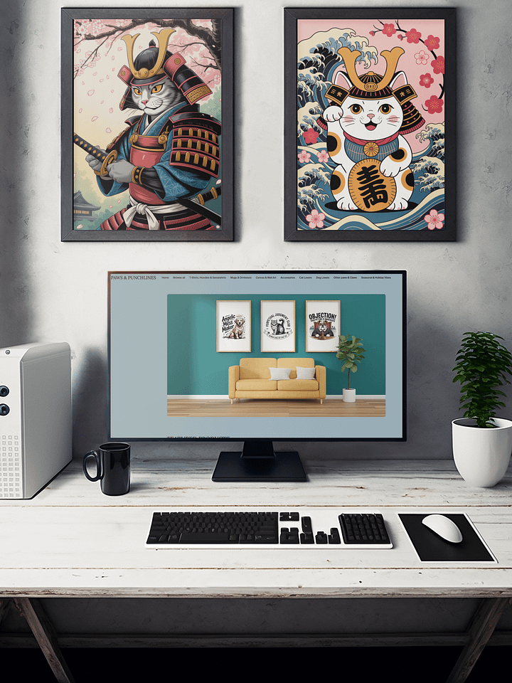 Samurai Cat with Katana Framed Art Print | Japanese Bushido Warrior Wall Decor product image (2)