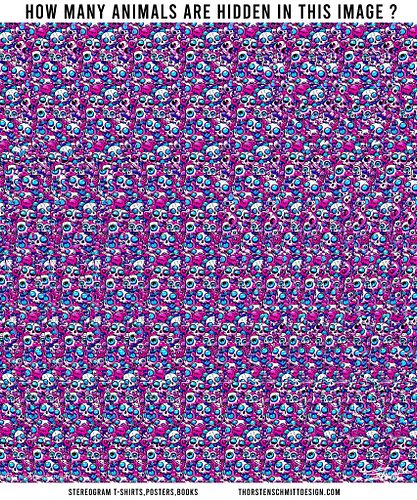 Can you see the (not so) hidden animals ?
 #opticalillusion #stereogram #quiz #art #3d #illusion #secret #asmr #animals