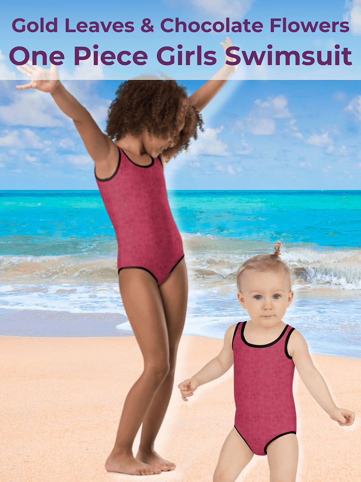 Gold Leaves and Chocolate Flowers Magenta Kids Swimsuit product image (1)