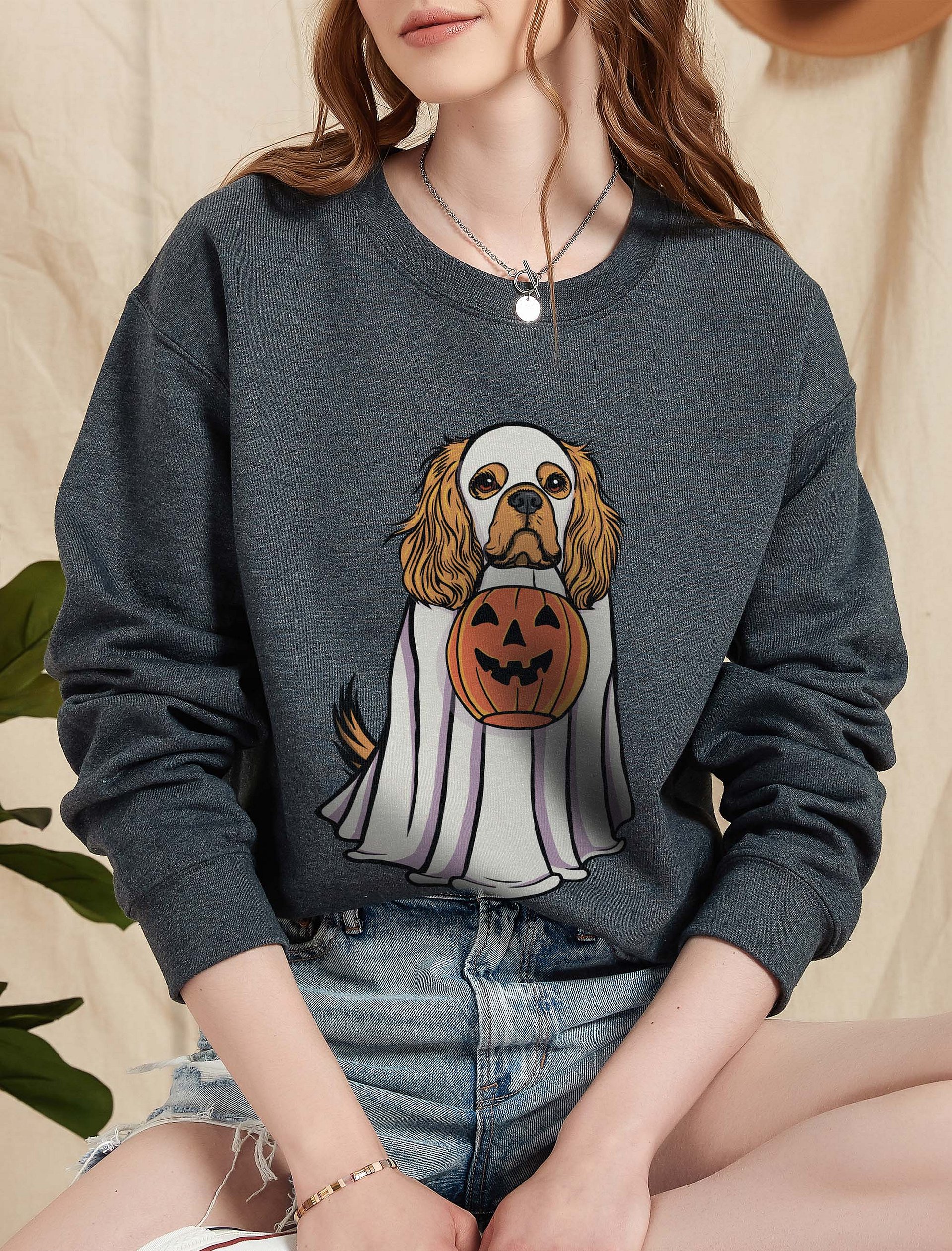 Funny Halloween Cavalier King Charles Spaniel(Tan) Sweatshirt | Funny Cavalier Wearing a Ghost Costume and Holding a Pumpkin Basket product image (5)