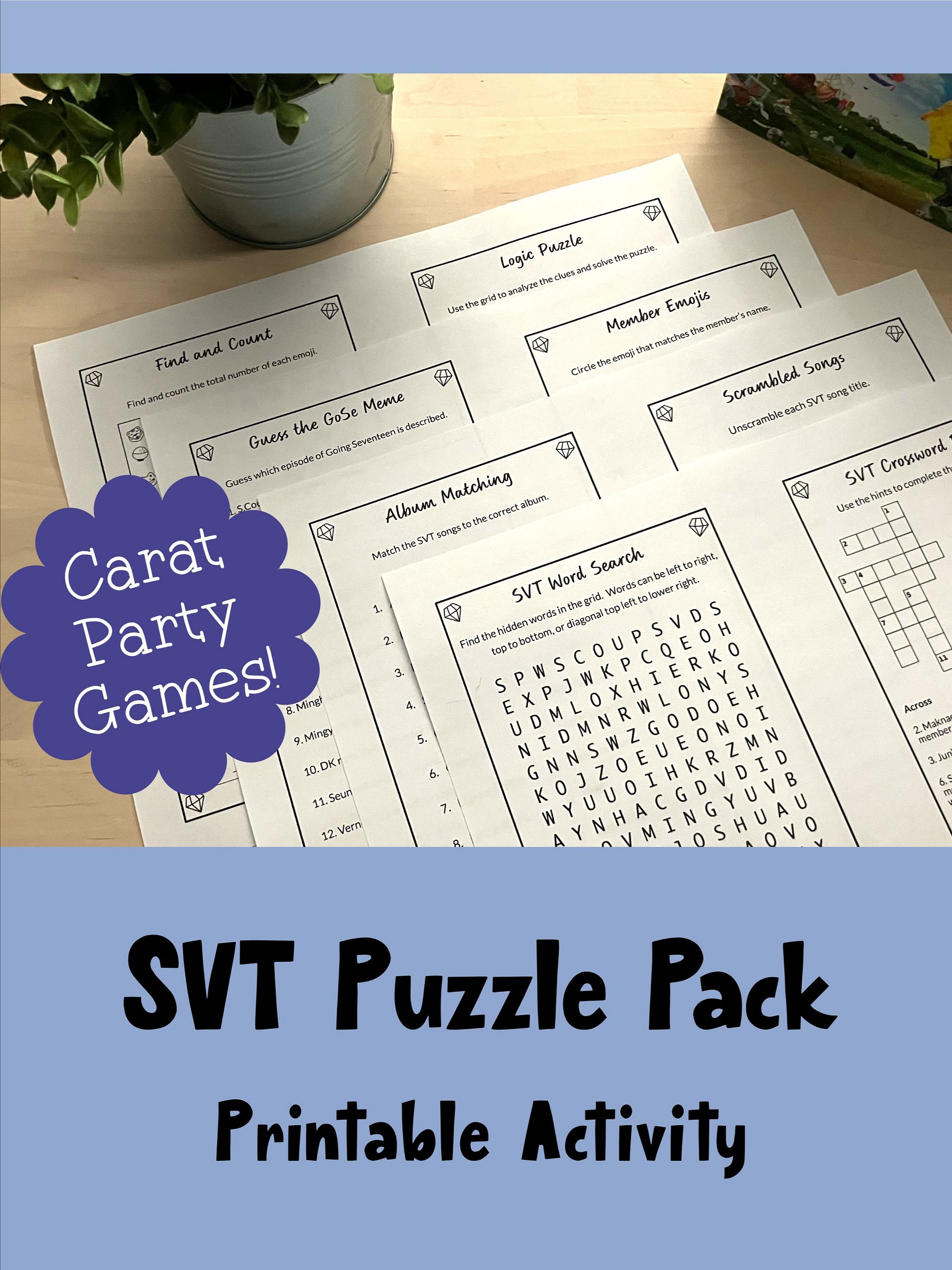 SEVENTEEN k-pop Trivia Games Puzzles Pack Printable - Set A (8 games) product image (1)