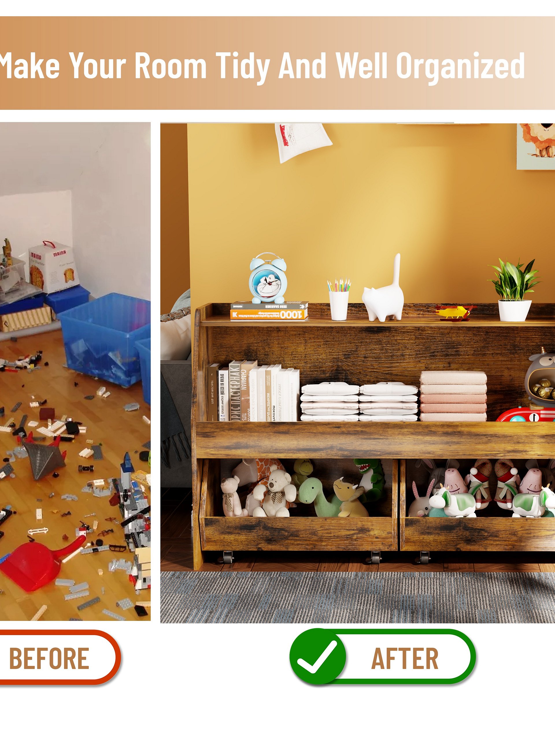 2-Tier Portable Toy Storage, Kids Toy Organizer W/2 Removable Bins with 4 Wheels（Brown) product image (5)