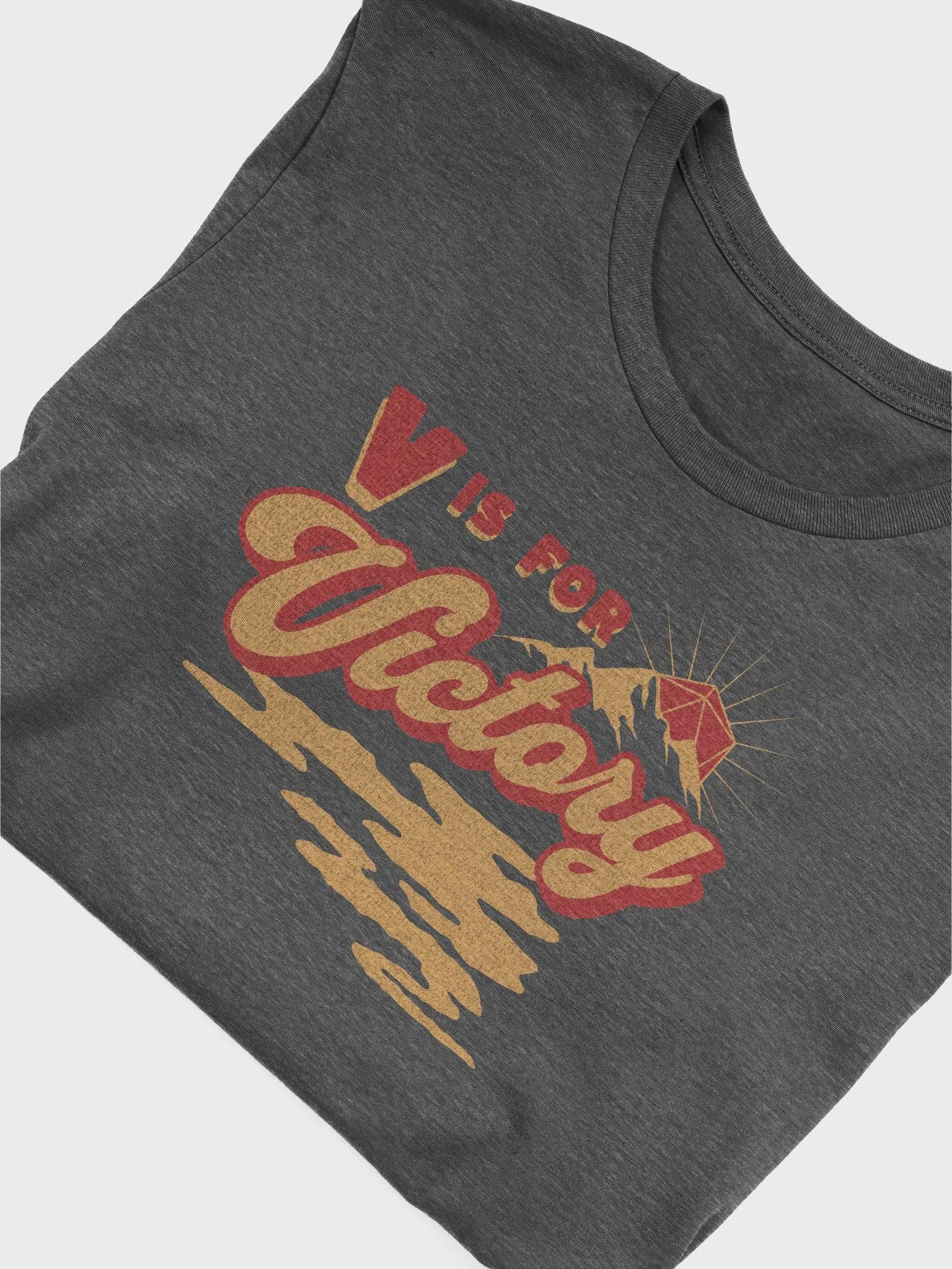 Retro D20 Sunrise Board Game Shirt, V is for Victory T-shirt, on Dark Grey product image (6)