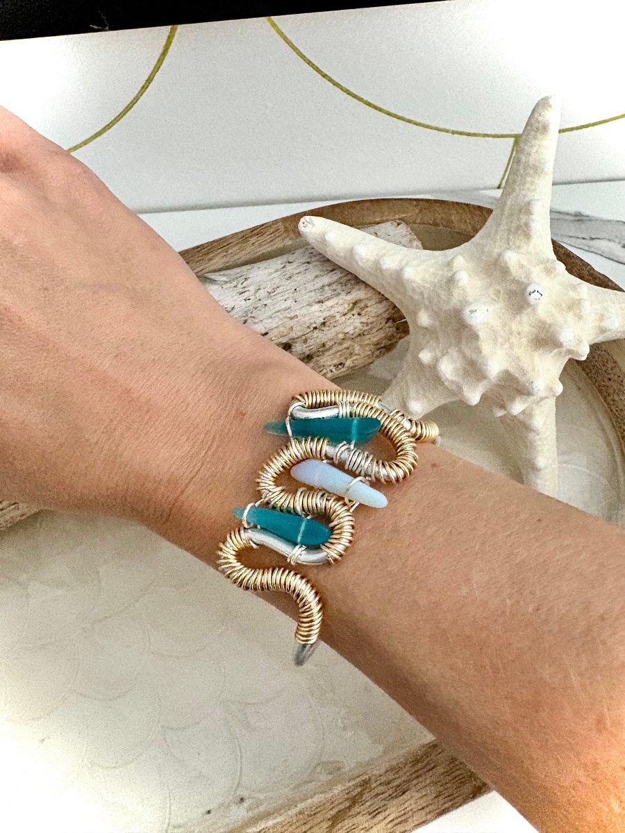 MFD-00229 | Ocean Embrace | Adjustable Sea Glass & Wire-Wrapped Cuff Bracelet | Handmade Coastal Jewelry by Monique Faella Designs™ product image (1)