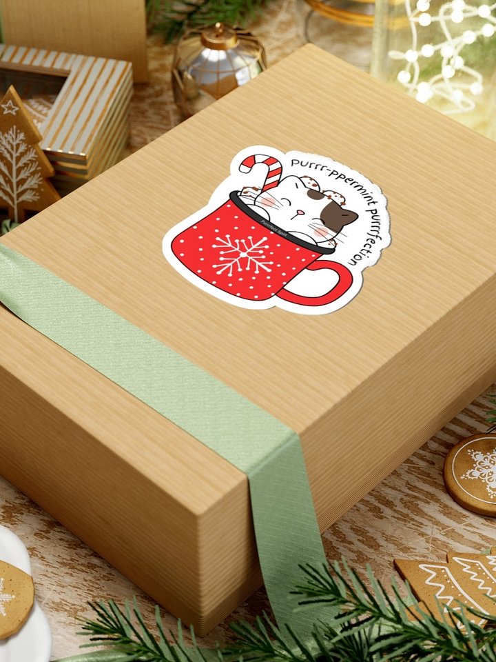 “Purrr-ppermint Purrrfection” Cat Sticker – Cute Christmas Cat in Mug – Die-Cut Matte Vinyl Holiday Sticker product image (2)