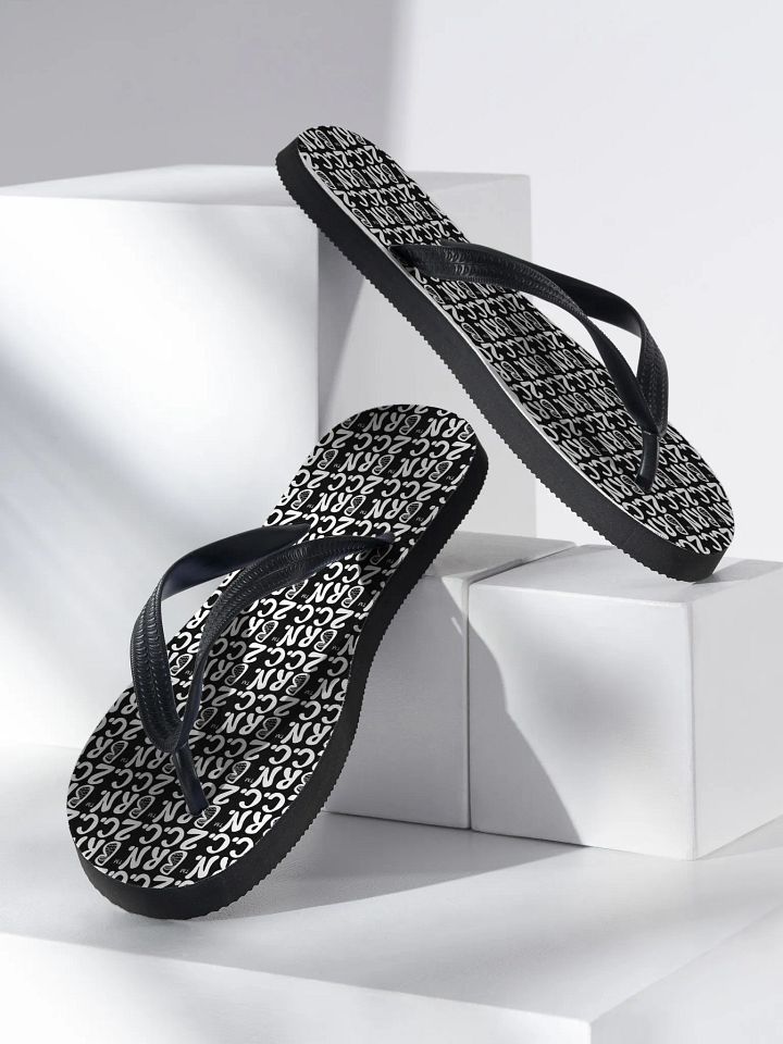 BOURNE to Flip Flop™ | Cape Cod Vibes for Your Soles | Mini BRN.2C.C. Logo Repeat Sandals | White Logo on Black product image (2)