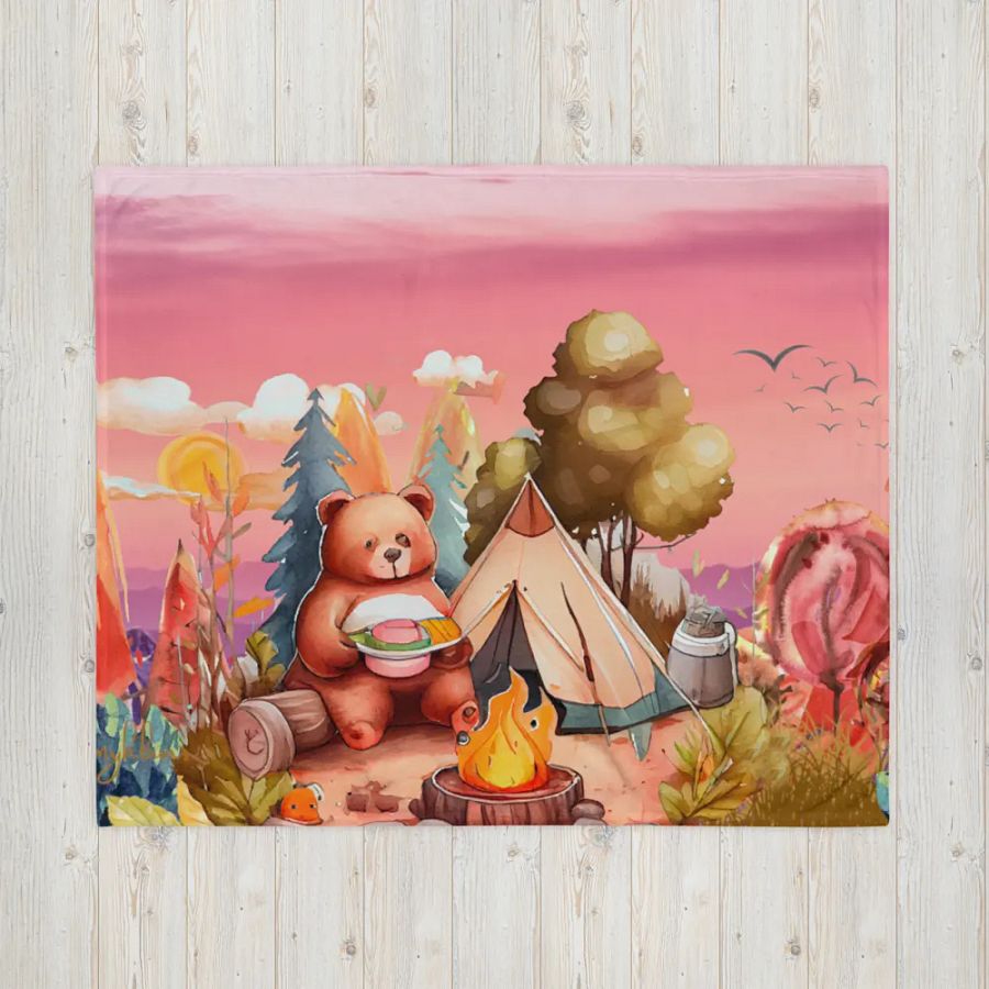 Camping Bear Throw Blanket | Cozy Jungle Campfire Scene | 2 Size Options product image (4)