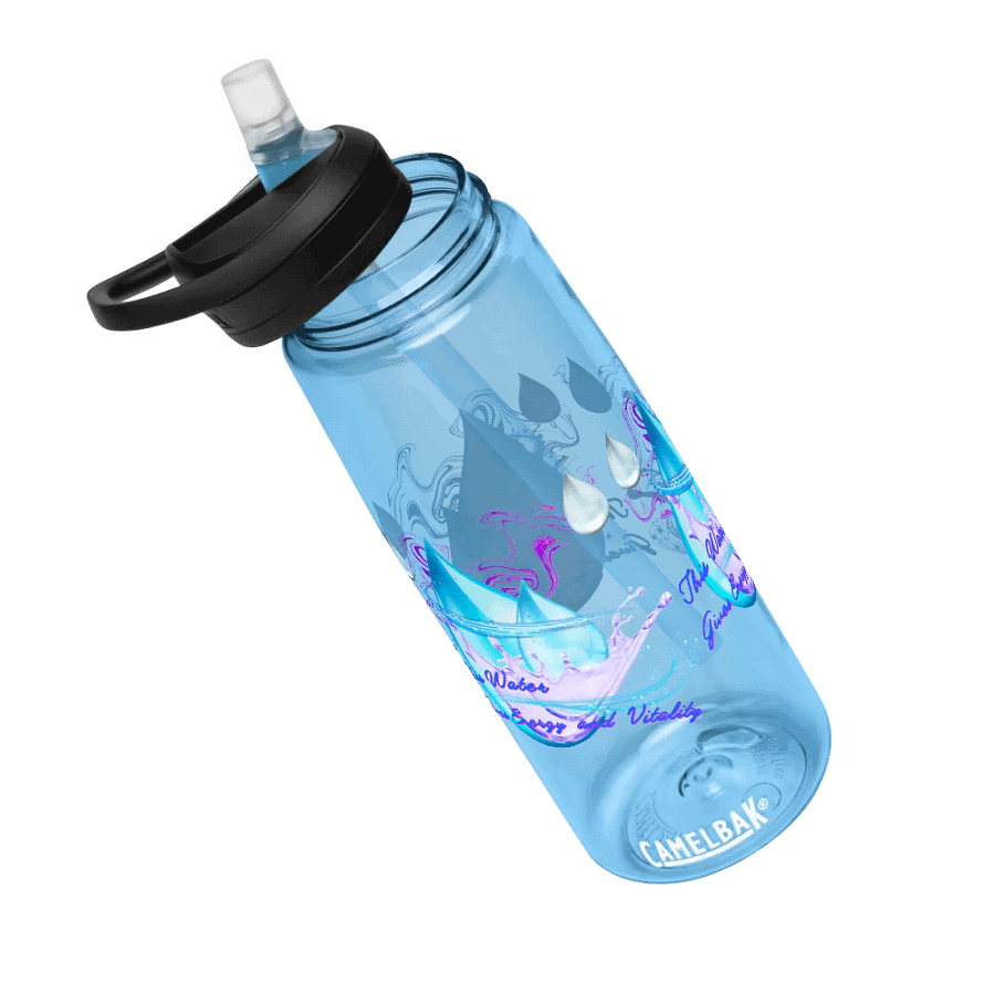 Camelback water bottle with beautiful swirly blue water drops  featuring ' This water gives energy and vitality