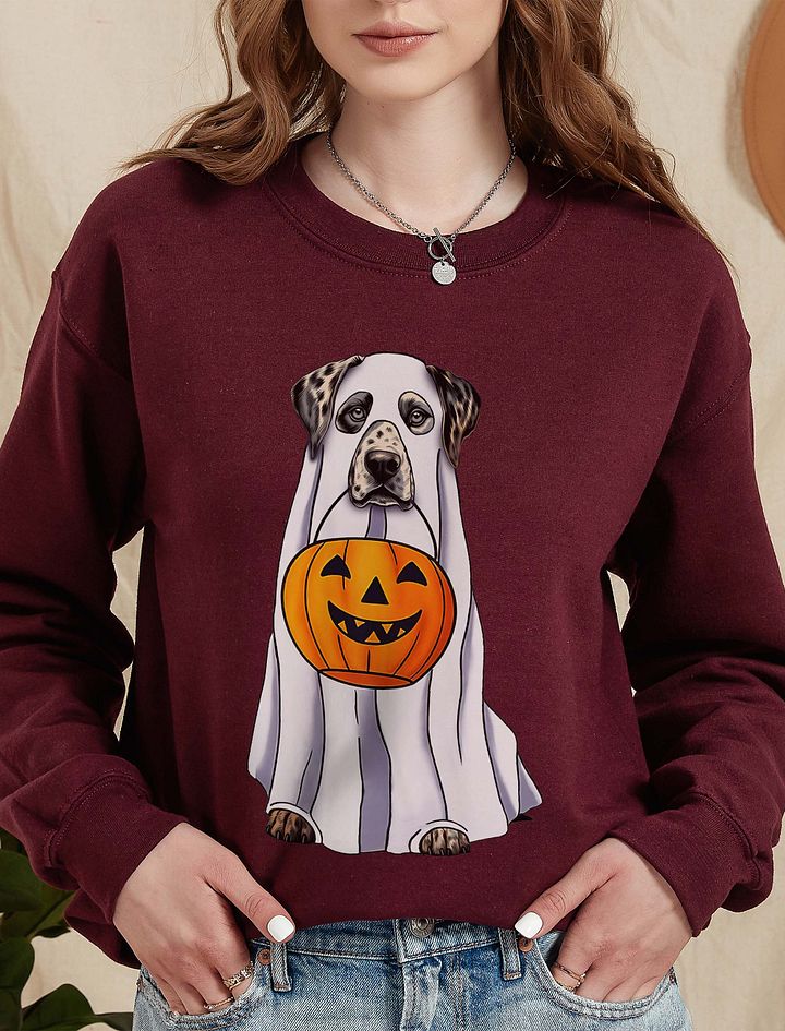 Catahoula Leopard Dog Halloween Sweatshirt | Funny Halloween CLD Wearing a Ghost Costume with Pumpkin Basket product image (14)