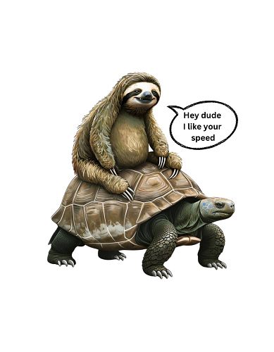 The image humorously depicts a sloth sitting on a tortoise, with the sloth complimenting the tortoise on its speed. This whim...