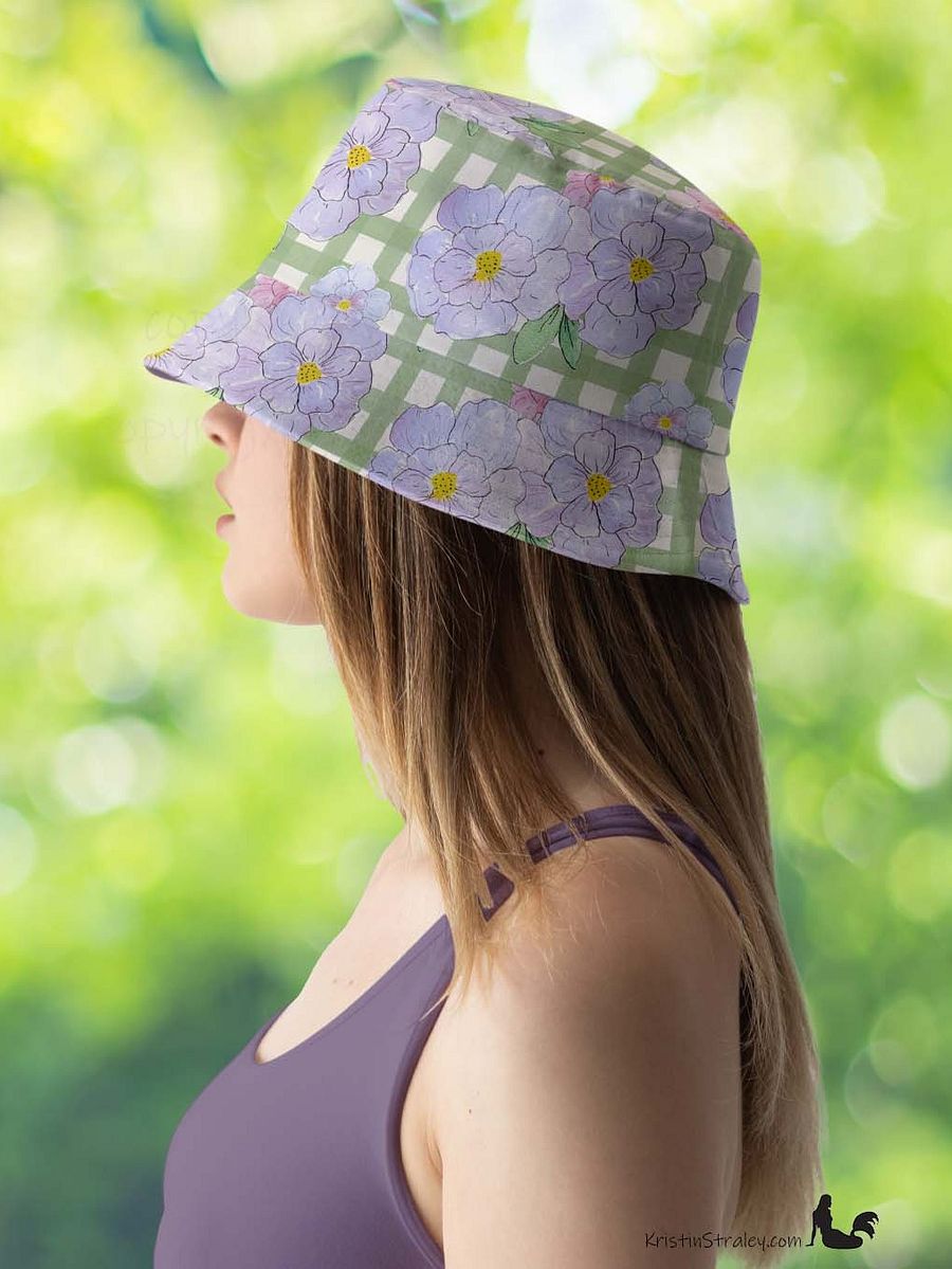 Reversible Bucket Hat Lavender Flowers on Gingham and Solid Plum product image (6)
