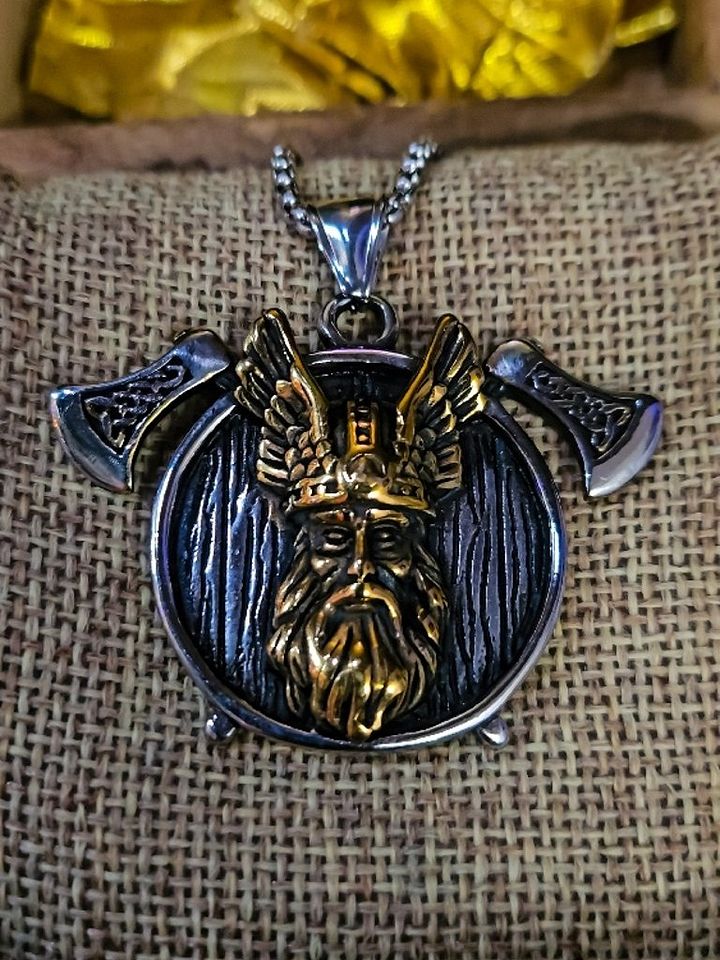 The Armored Kingdom Twin Axe Golden Norse King Necklace product image (1)