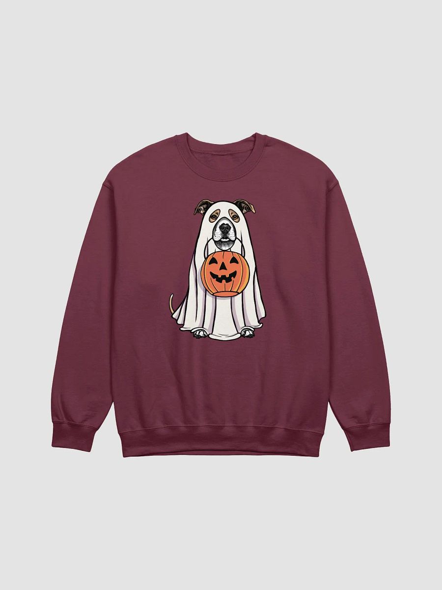 Funny Halloween Staffordshire Terrier(Fawn) Sweatshirt | Funny Staffy Wearing a Ghost Costume and Holding a Pumpkin Basket product image (12)