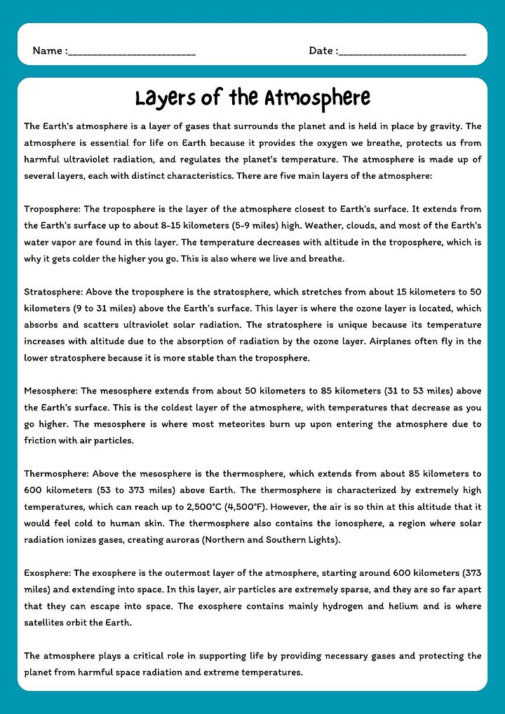 Layers of the Atmosphere Reading Passage with Comprehension Questions product image (1)