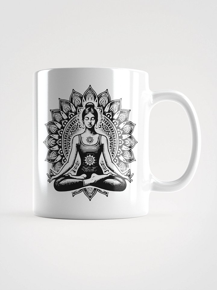 Taza blanca brillante con Mujer Meditando product image (1)