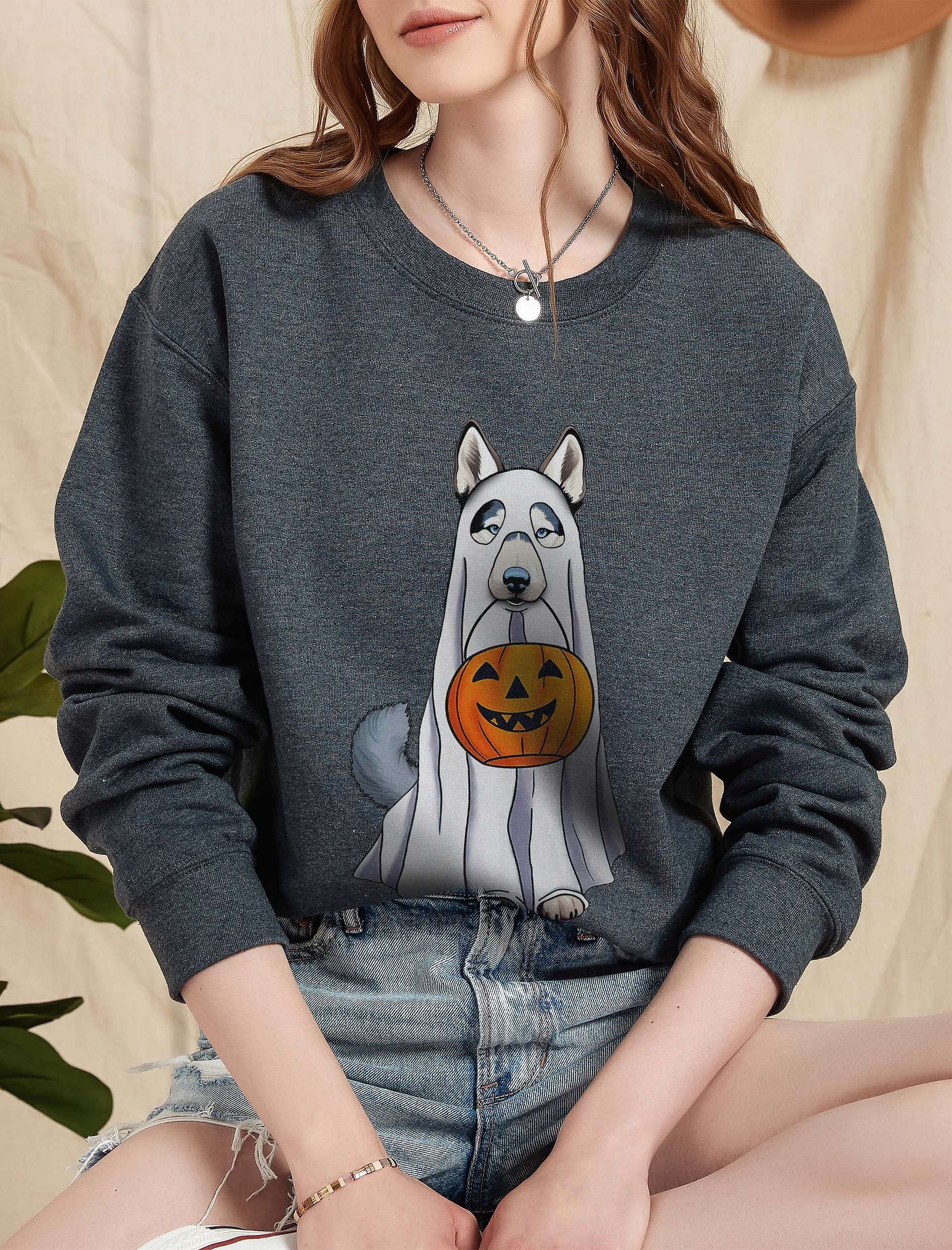 Siberian Husky Halloween Sweatshirt | Funny Fall & Halloween Husky Wearing a Ghost Costume with Pumpkin Basket product image (5)