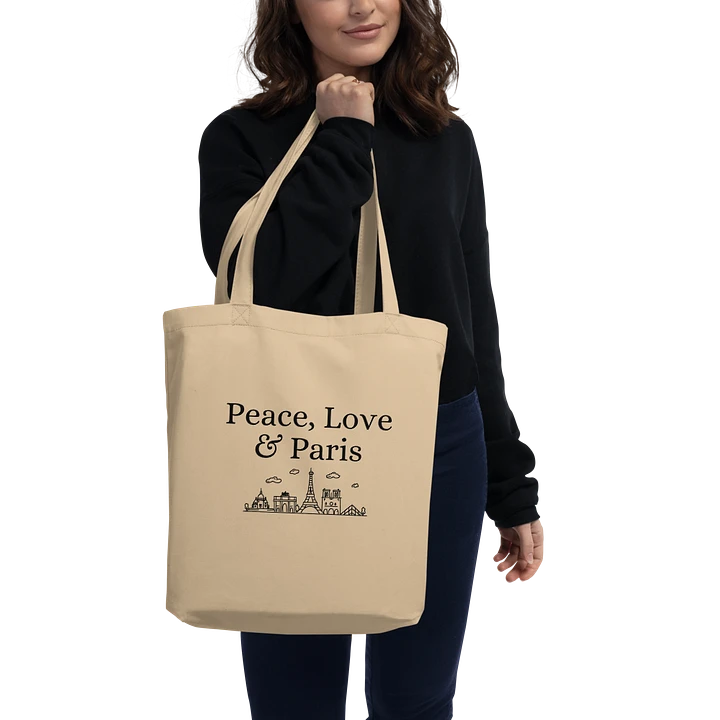 Peace, Love and Paris Organic Statement Tote Bag with Monuments | Black Ink Design product image (1)