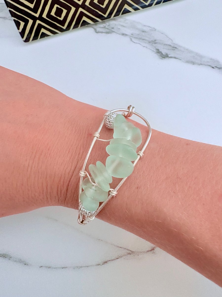 Seafoam Pebble Tide Bracelet | Wire-Wrapped Sea Glass | Handmade 6.75" Coastal Charm by Monique Faella Designs™ | MFD-00198 product image (2)