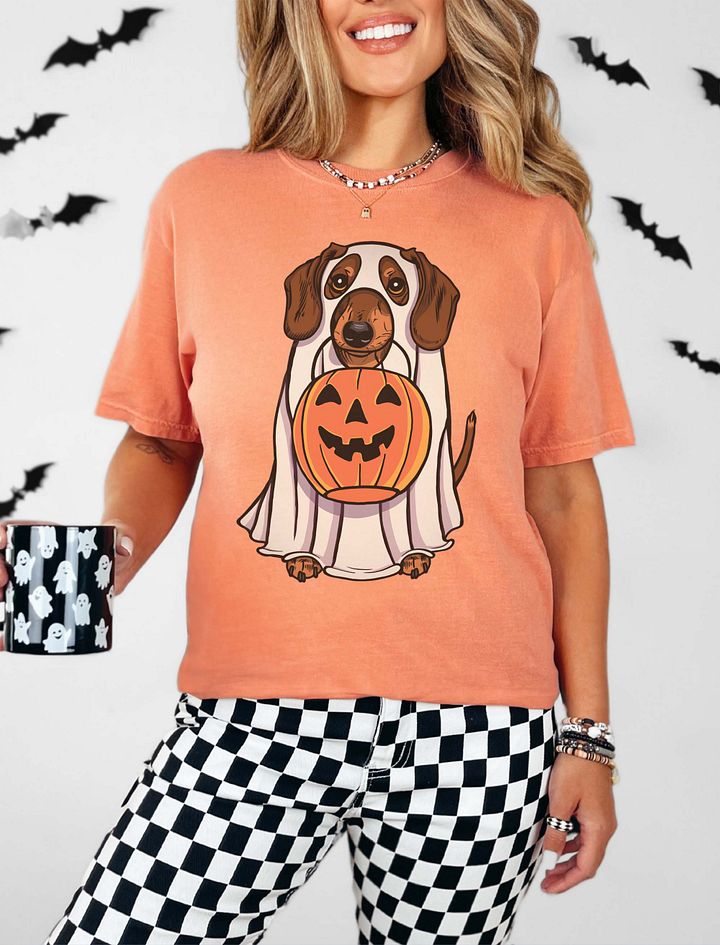 Funny Halloween Dachshund(Red) T-Shirt | Funny Doxie/Wiener Wearing a Ghost Costume and Holding a Pumpkin Basket product image (19)