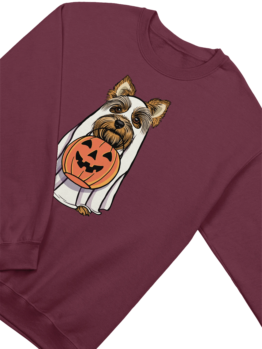 Funny Halloween Yorkshire Terrier Sweatshirt | Funny Yorkie Wearing a Ghost Costume and Holding a Pumpkin Basket product image (13)
