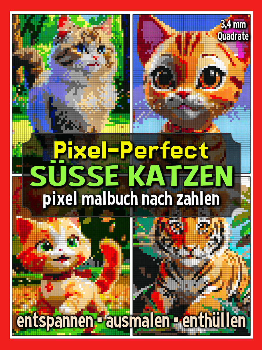 Pixel-Perfect Süße Katzen Pixel Malbuch nach Zahlen - Druckbares PDF product image (1)