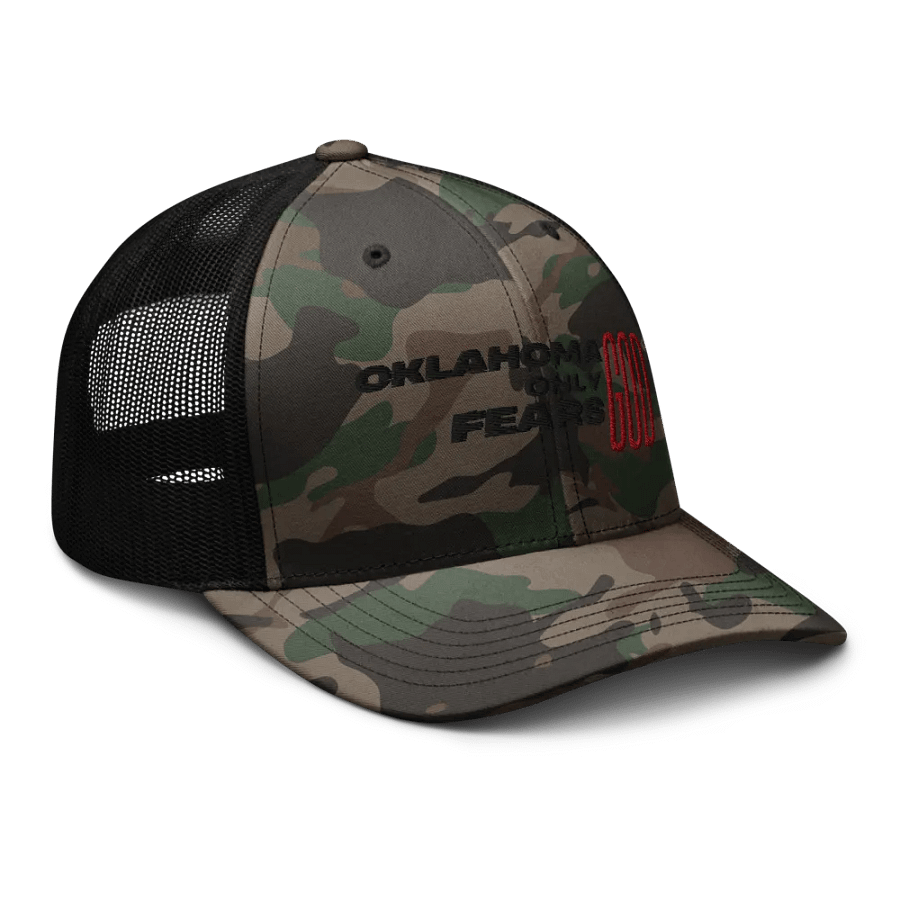 'OKLAHOMA ONLY FEARS GOD' snapback Camo Trucker Hat product image (8)