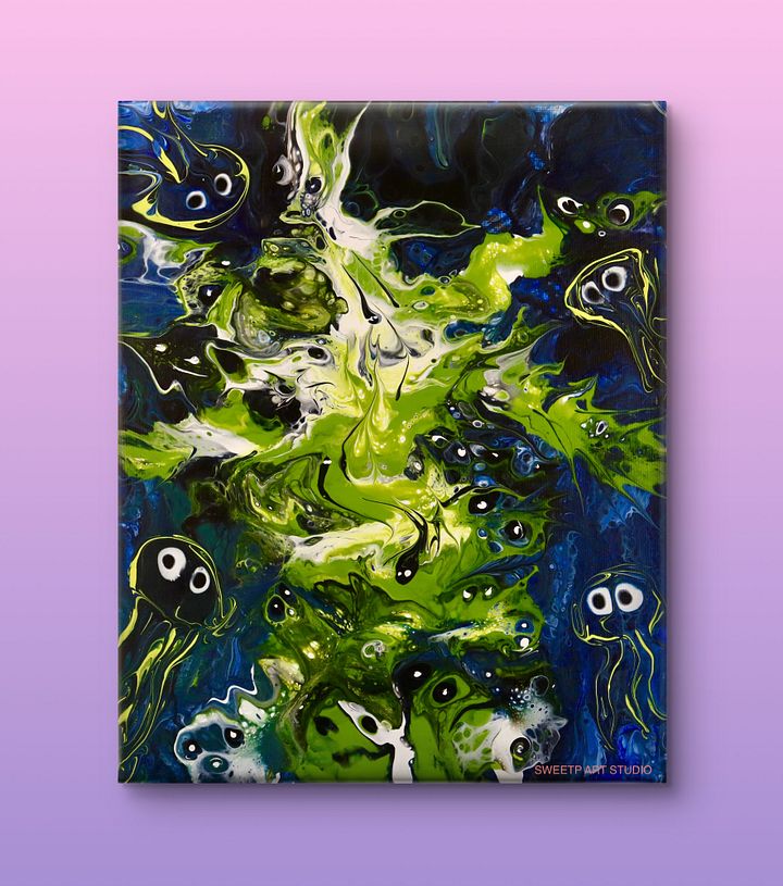 Creatures Among Green Fire | Original Canvas Painting product image (1)