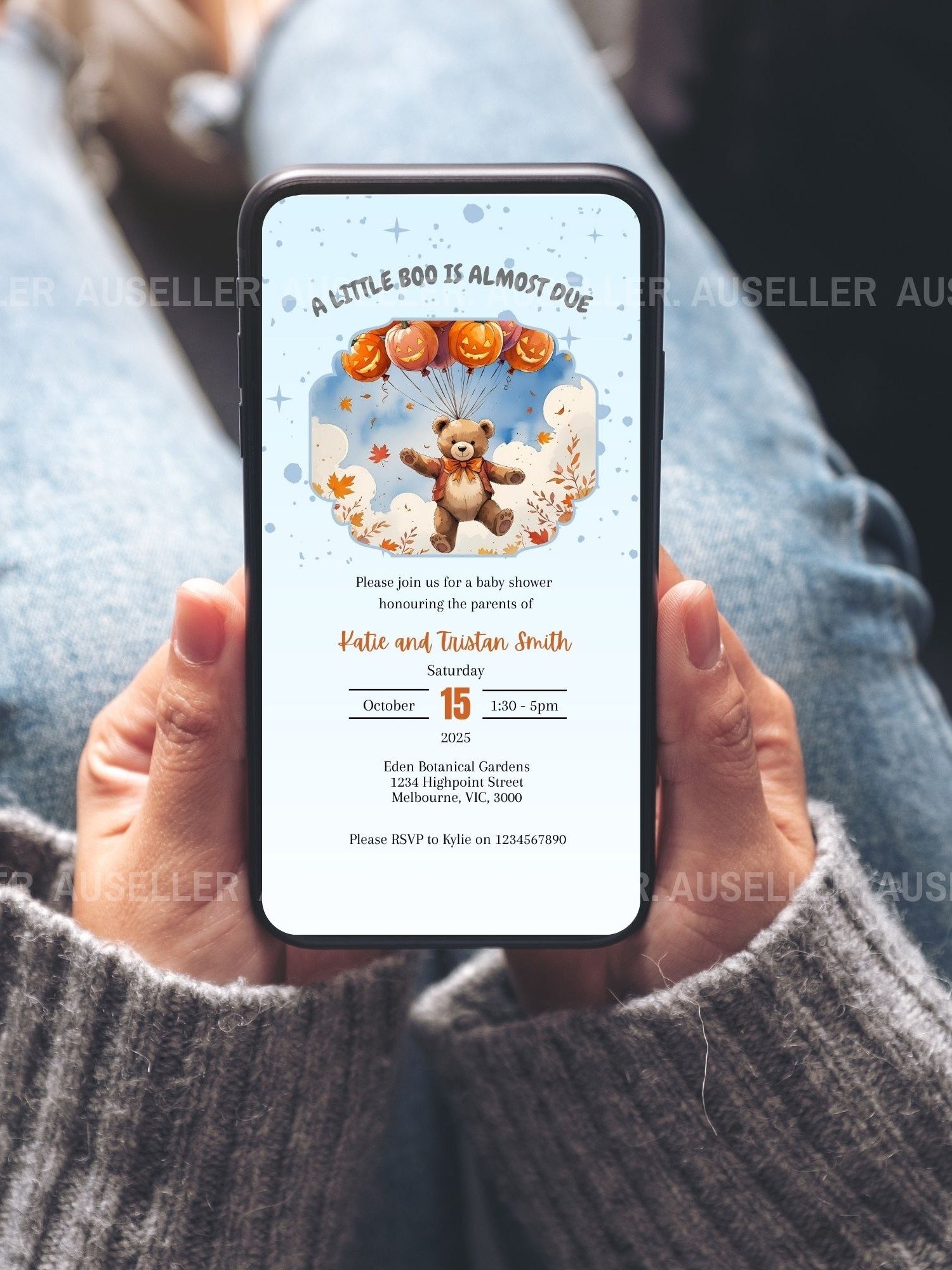 Teddy Bear In Sky With Pumpkin Balloons Halloween Baby Shower Invitation product image (8)