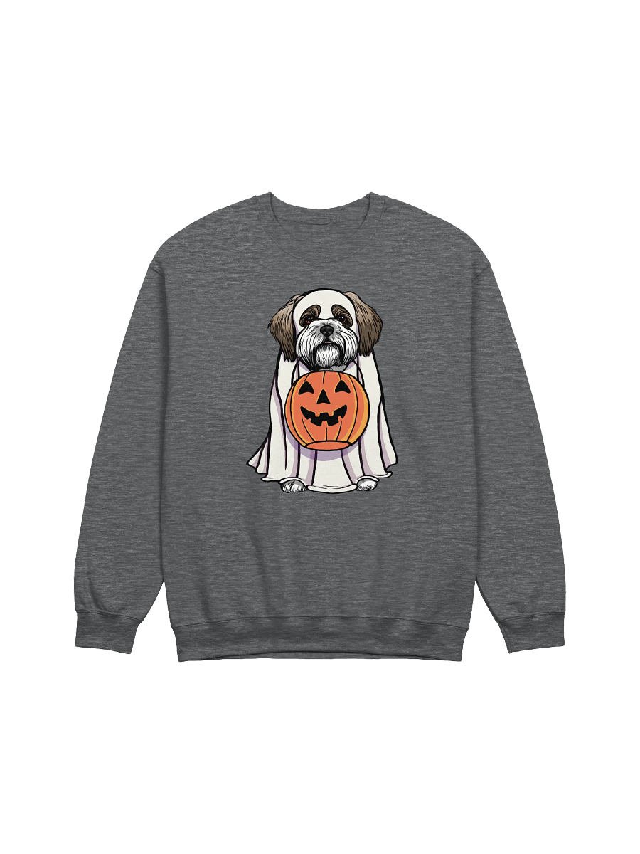 Funny Halloween Shih Tzu Sweatshirt | Funny Dog Wearing a Ghost Costume and Holding a Pumpkin Basket product image (7)