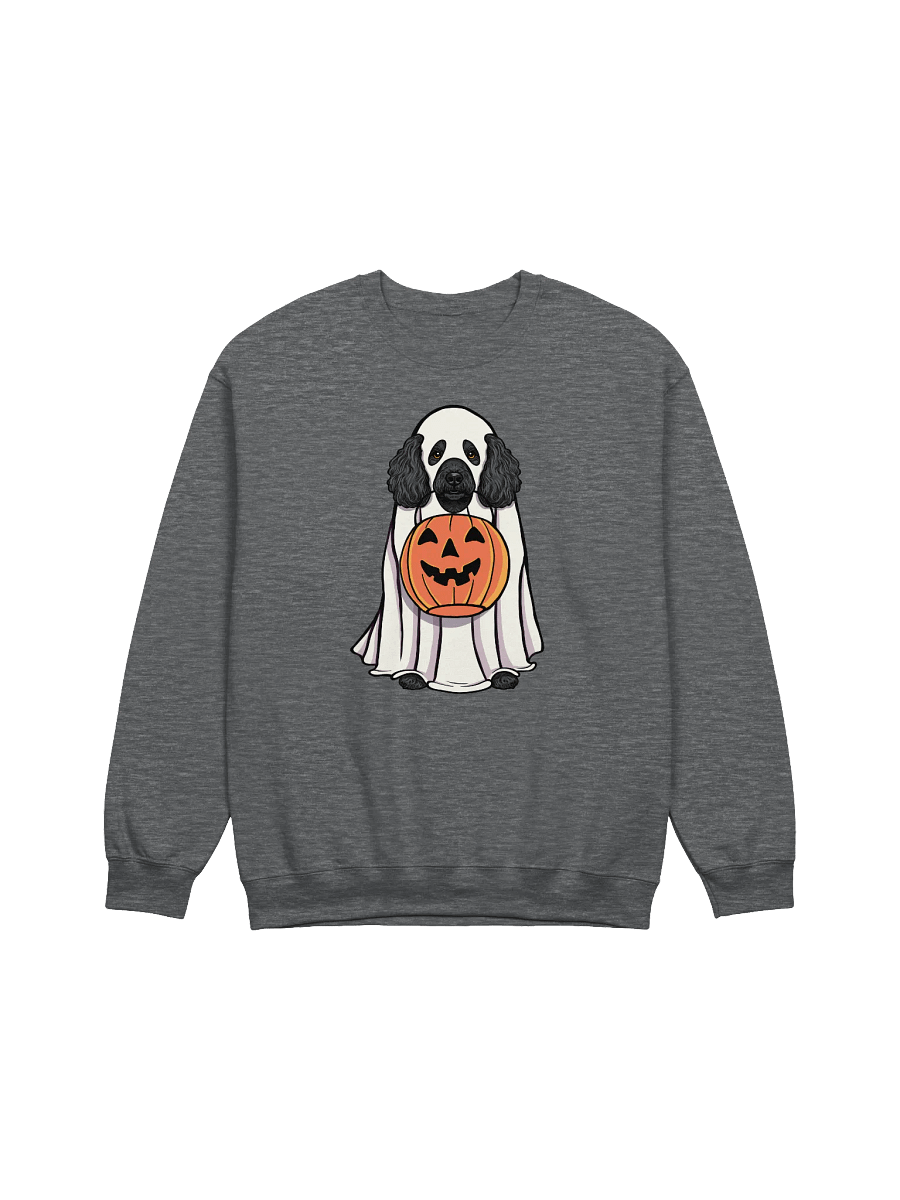 Funny Halloween Mini Poodle(Black) Sweatshirt | Funny Poodle Wearing a Ghost Costume and Holding a Pumpkin Basket product image (3)