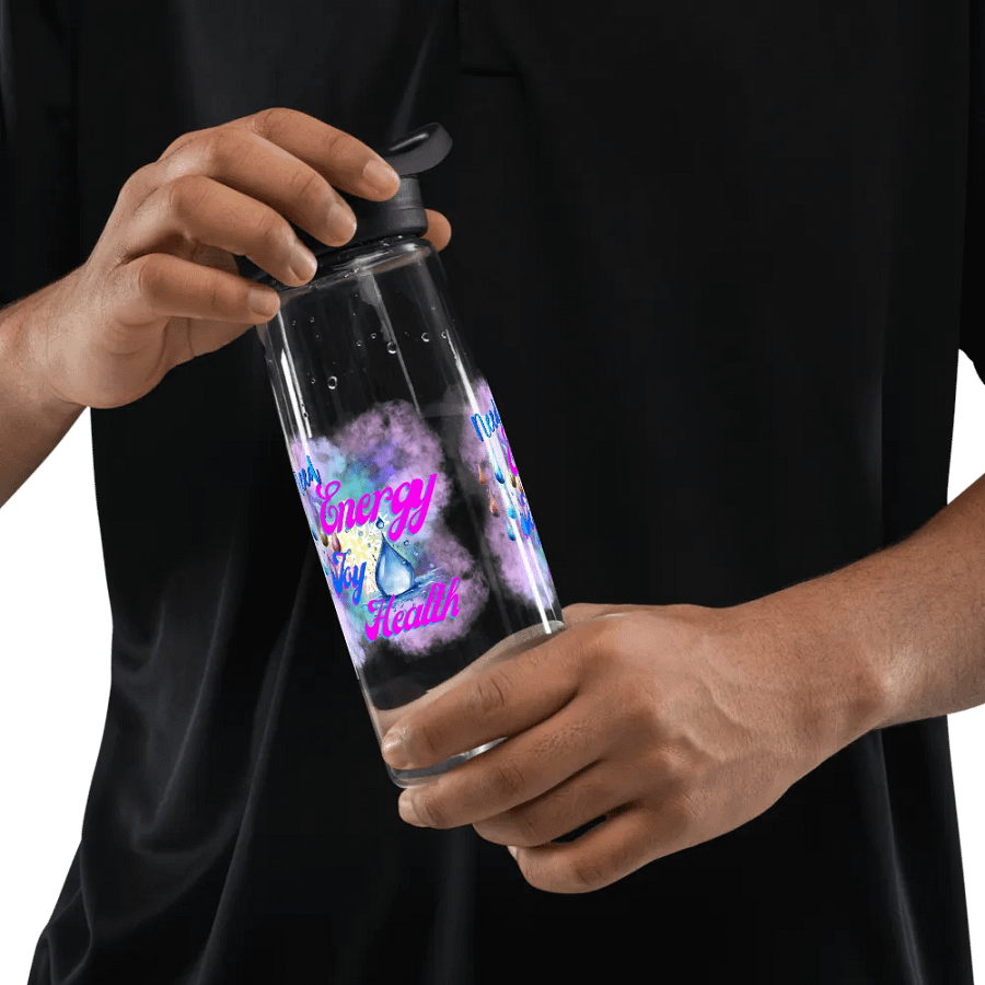 Camelback water bottle with beautiful swirly blue water  splash and drops design featuring ' Need  Energy Love Health