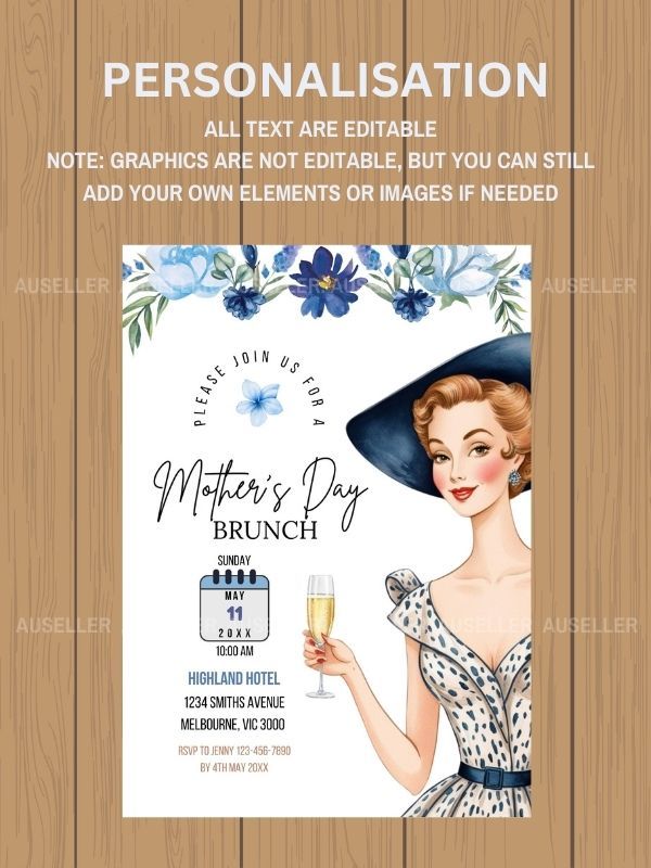 Mother's Day Brunch Invitation Bundle - Lady With Blue Hat product image (6)