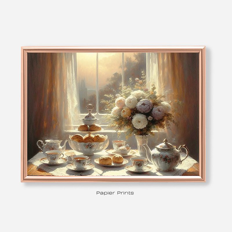 Vintage Still Life with Flowers and Tea