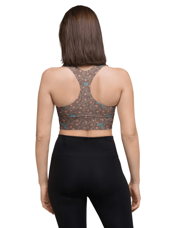 All-Over recycled longline sports bra. Dragonfly and floral artistic activewear product image (3)